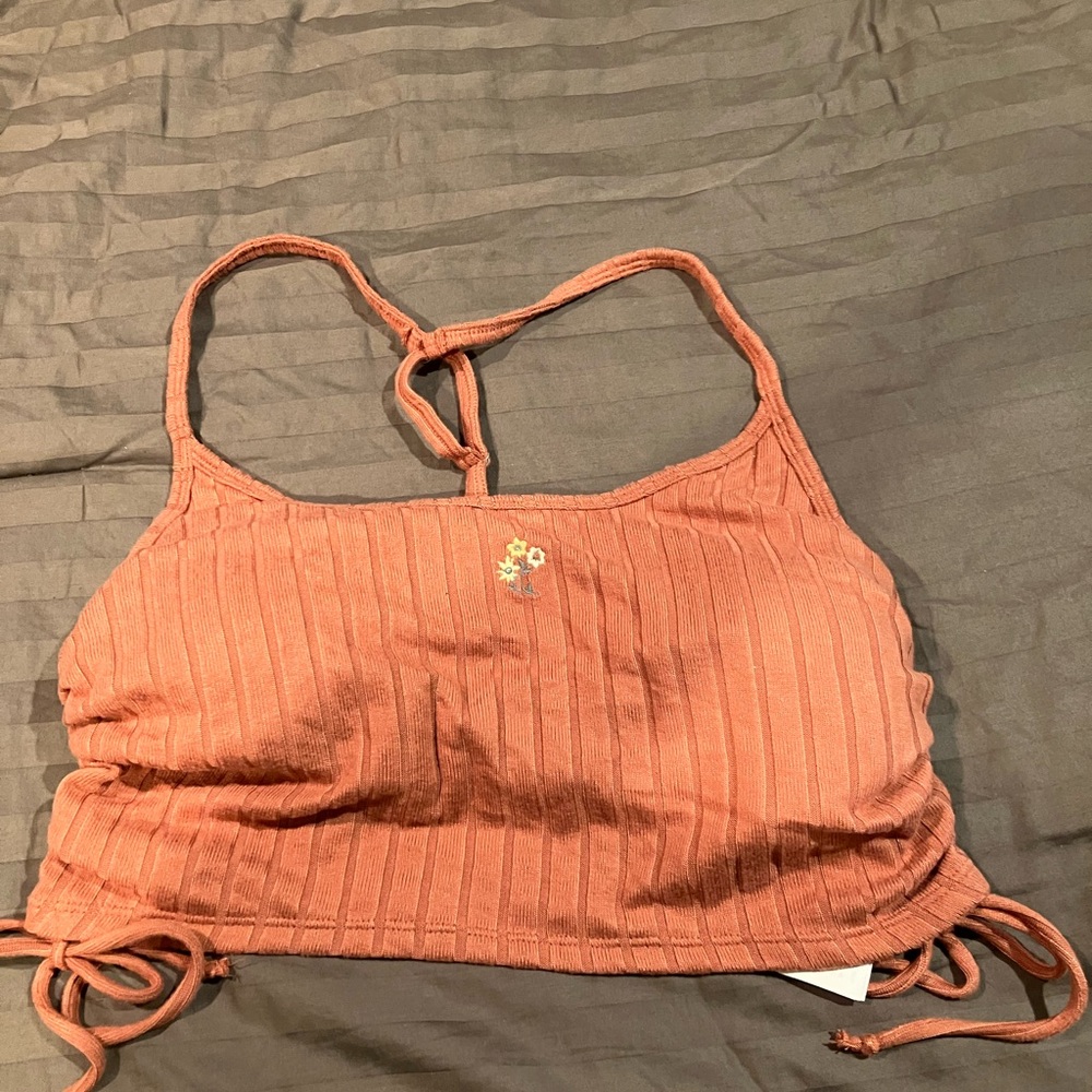 Rust Pink Ribbed Crop Top with Floral Embroidery and built in bra